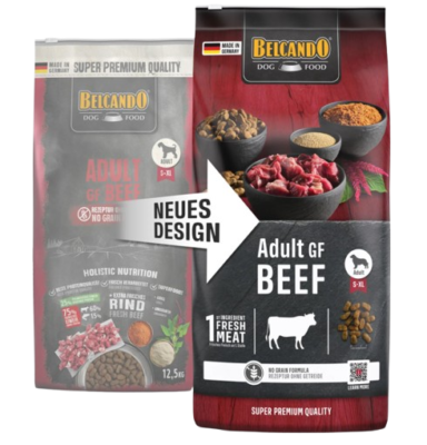 Belcando Adult GF Beef Hundefutter – altes und neues Verpackungsdesign im Vergleich