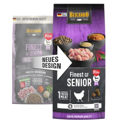 Belcando Finest GF Senior Mini Hundefutter – altes und neues Verpackungsdesign im Vergleich