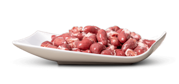 Big Pet Pouletherzen, frisches Geflügelherz-Fleisch auf weißem Teller