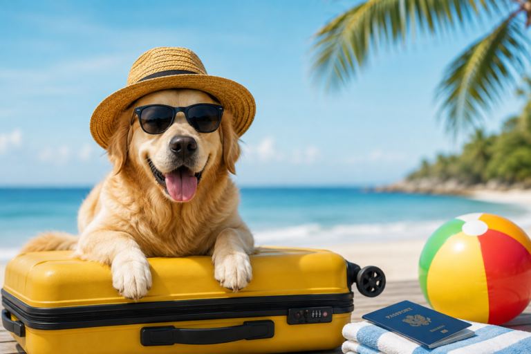 Golden Retriever mit Strohhut und Sonnenbrille lehnt auf gelbem Koffer am Strand