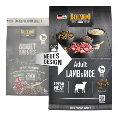 Belcando Adult Lamb & Rice Hundefutter – altes und neues Verpackungsdesign im Vergleich