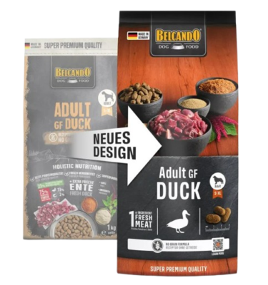 Belcando Adult GF Duck Hundefutter – altes und neues Verpackungsdesign im Vergleich