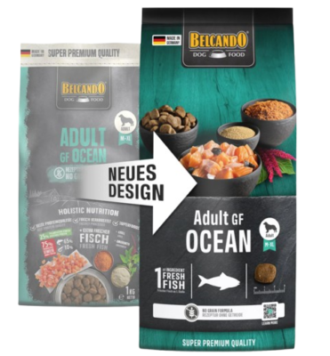 Belcando Adult GF Ocean Hundefutter – altes und neues Verpackungsdesign im Vergleich