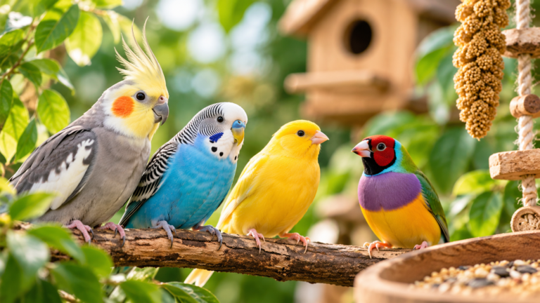 Nymphensittich, Wellensittich, Kanarienvogel und Prachtfink auf einem Ast