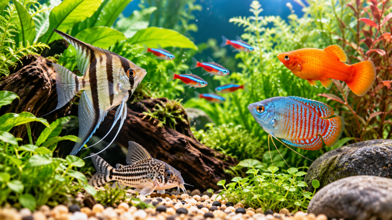 Farbenfrohe Zierfische in einem bepflanzten Süsswasseraquarium mit Steinen und Wurzeln